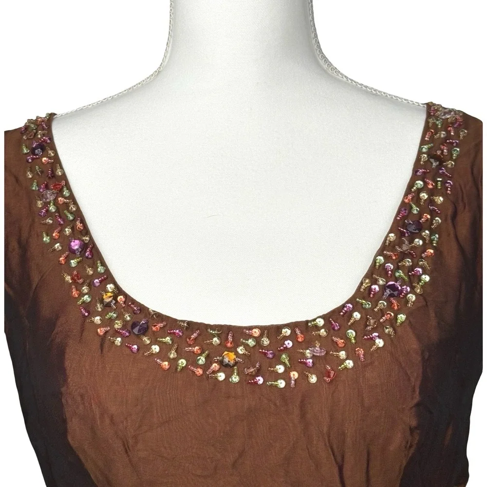Y2K Fairy Grunge Beaded Handkerchief Hem Silk Tank Top Boho Brown Small - Picture 4 of 9